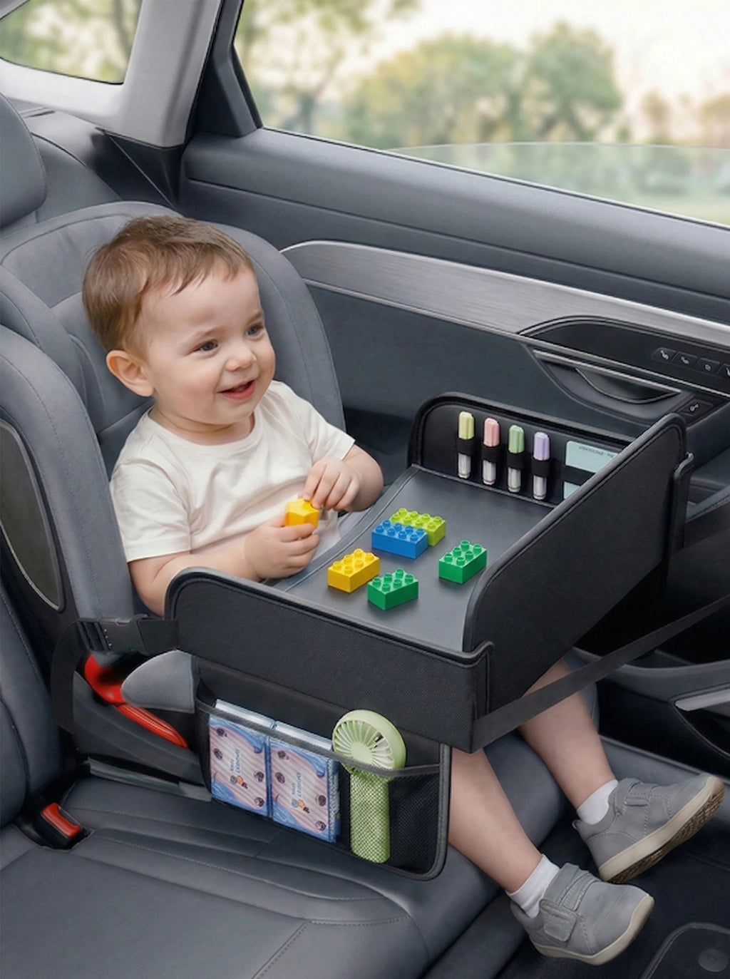 Child Car Dining Drawing Table Leather Universa Safety Seat Tray Backseat Children Table Tool Toys Phone Storage Pocket Lap Desk