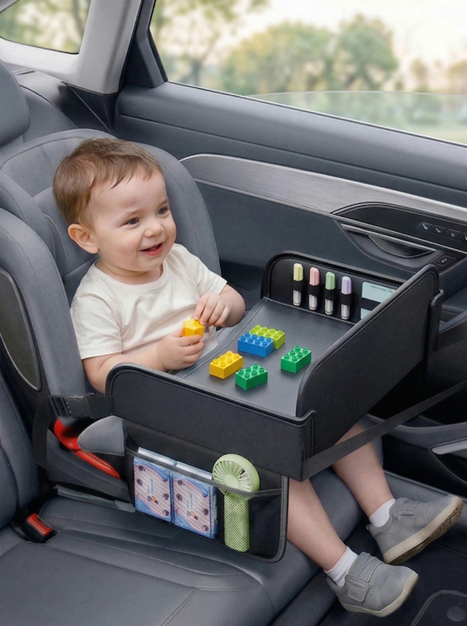 Child Car Dining Drawing Table Leather Universa Safety Seat Tray Backseat Children Table Tool Toys Phone Storage Pocket Lap Desk
