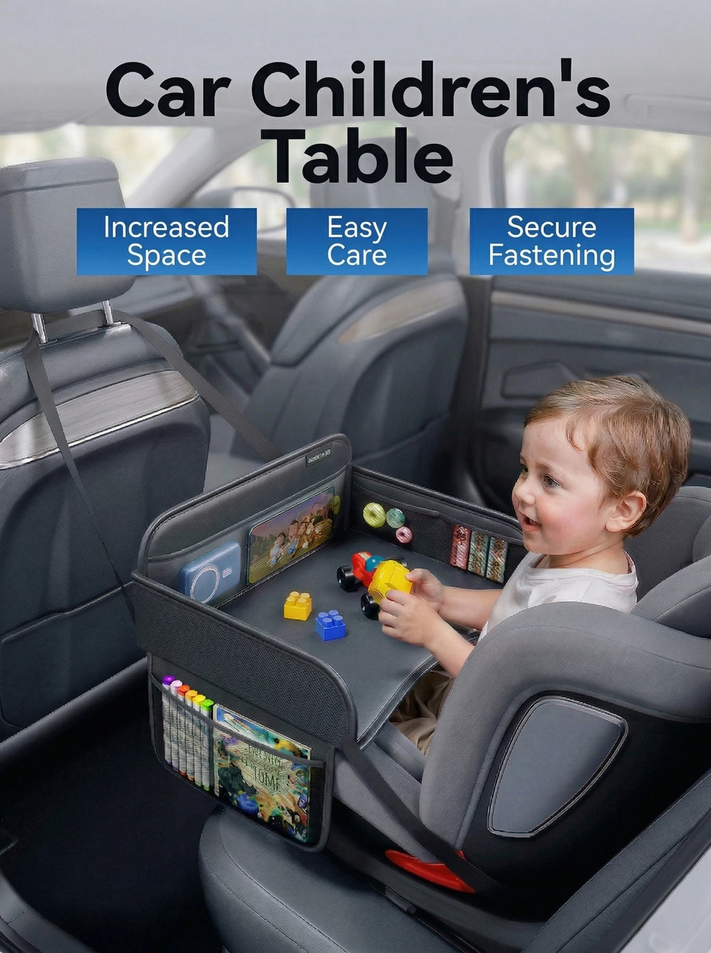 Child Car Dining Drawing Table Leather Universa Safety Seat Tray Backseat Children Table Tool Toys Phone Storage Pocket Lap Desk