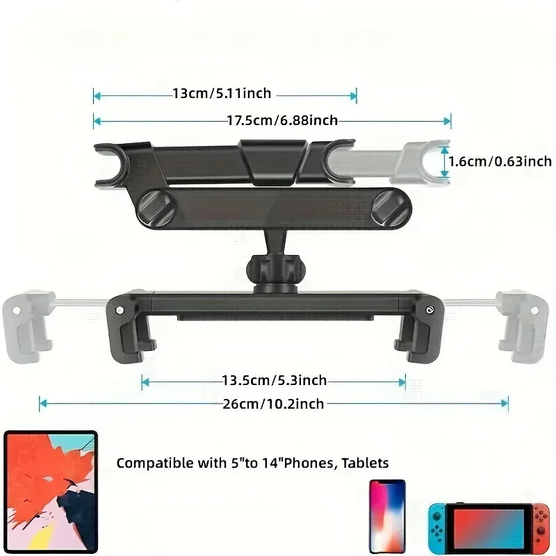 Car Tablet Holder Headrest iPad Mount Auto Telescopic Backseat Tablet Stand Cradle Clip Universal Seat Back Cell Phone Bracket