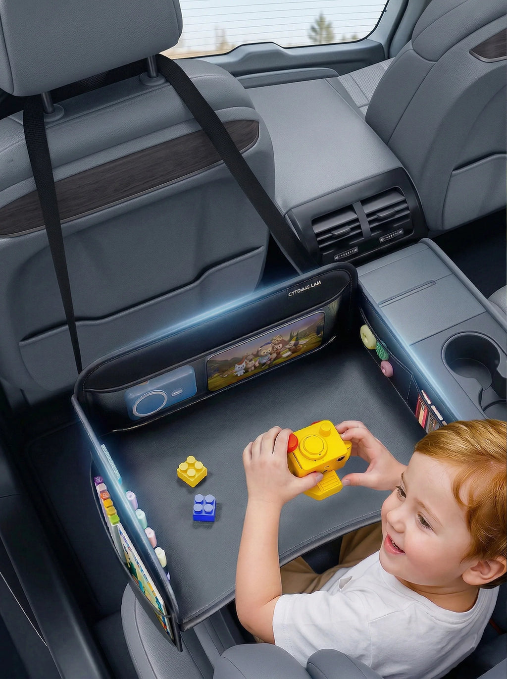 Child Car Dining Drawing Table Leather Universa Safety Seat Tray Backseat Children Table Tool Toys Phone Storage Pocket Lap Desk